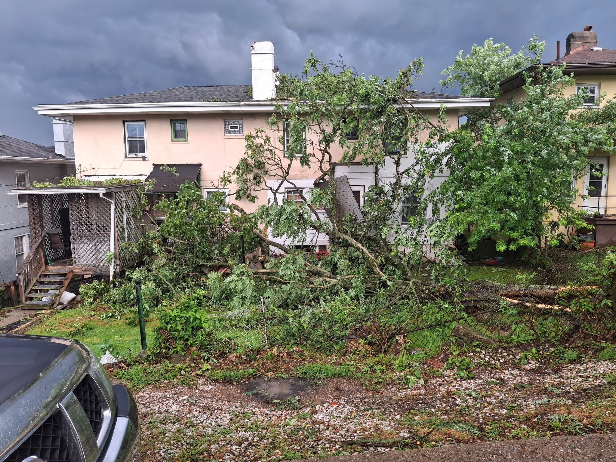 Storm-damaged tree on a house